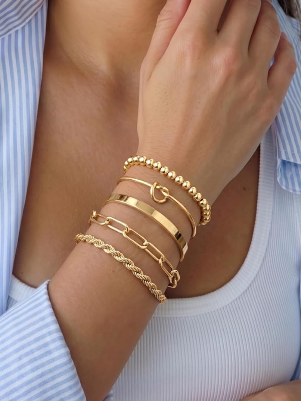 5pc 18k Gold Plated Stainless Steel Layered Bracelet Set